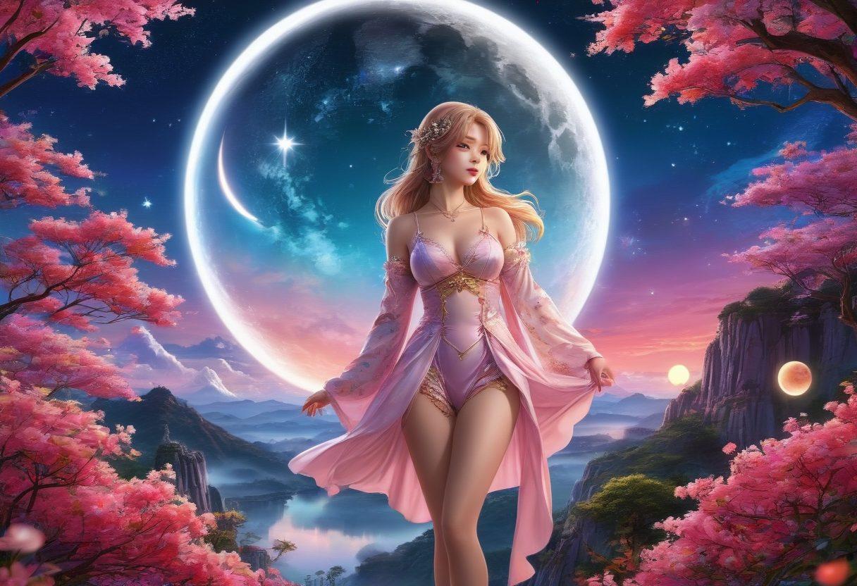 A captivating collage of vibrant hentai illustrations showcasing diverse characters in various alluring poses and fantastical settings. Include whimsical dream-like elements such as oversized moons, colorful flowers, and sparkling stars, all set against a rich, fantasy-themed backdrop. The scene should evoke a sense of adventure and desire, with a soft glow illuminating the characters. super-realistic. vibrant colors. dreamy background.